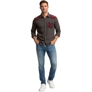 Rhea Mens XL Brown 100% Cotton Boho Southwestern Embroidered Button Down Shirt